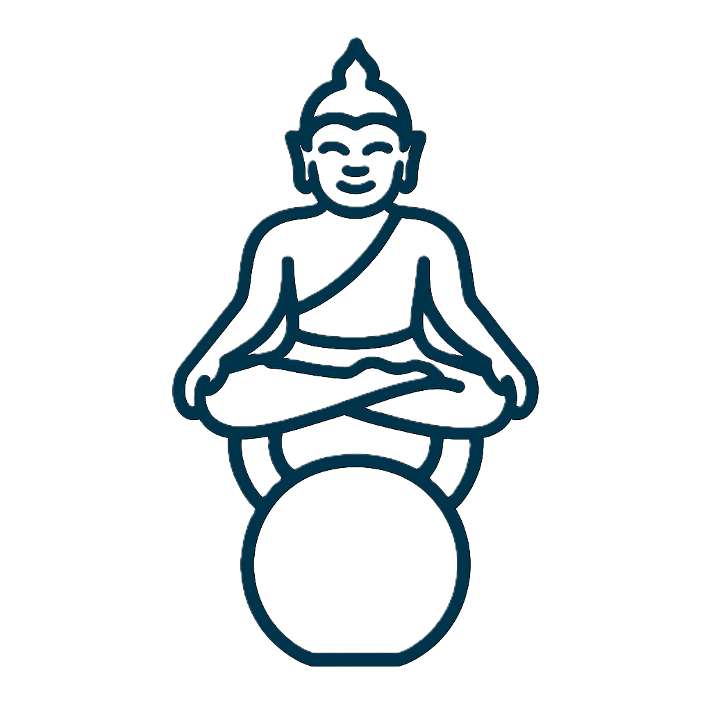 Icon mit Kettlebell und Buddha-Figur im Lotussitz.