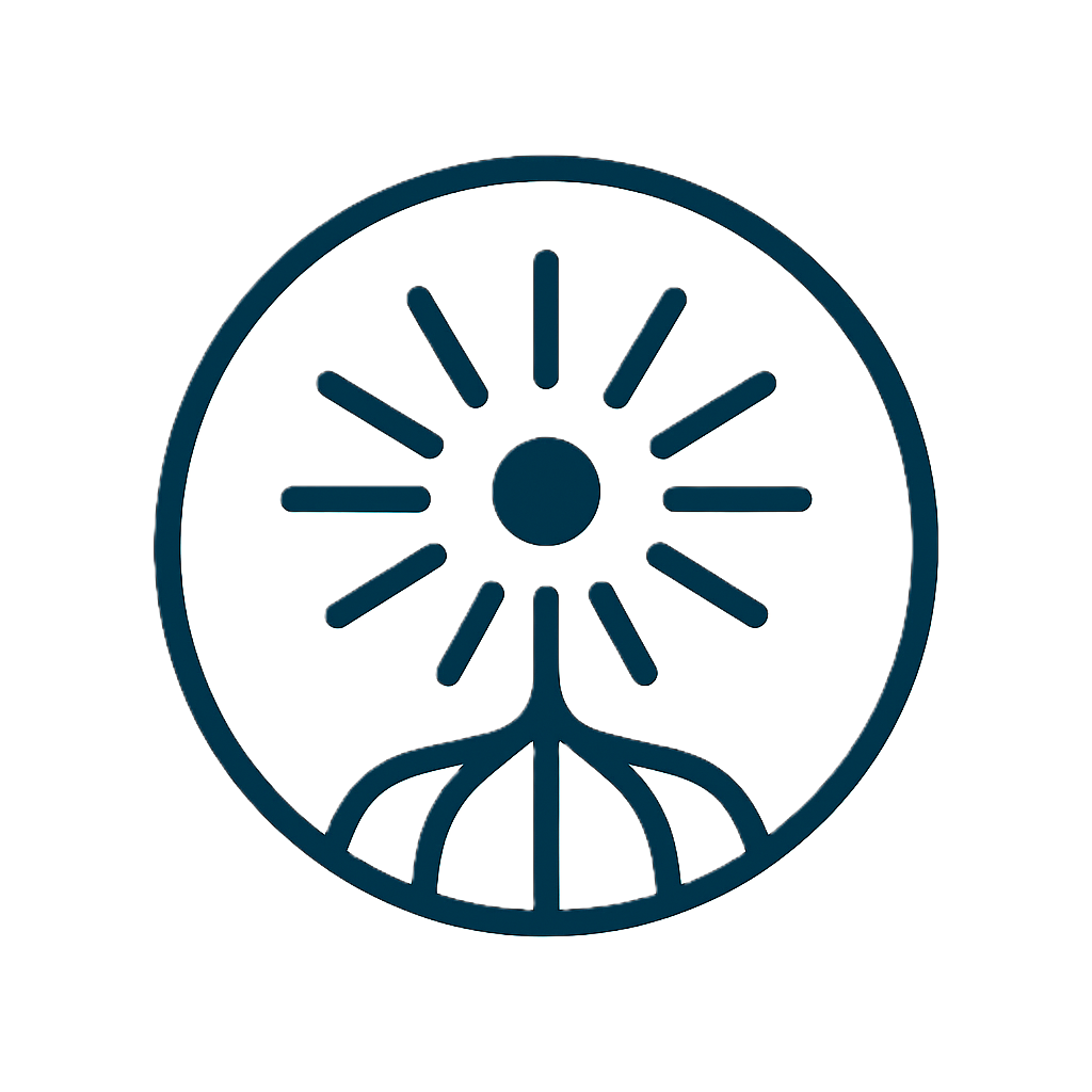Icon mit Punkt im Kreis und strahlenförmigen Linien – Symbol für Beratung mit Fokus auf den Menschen..