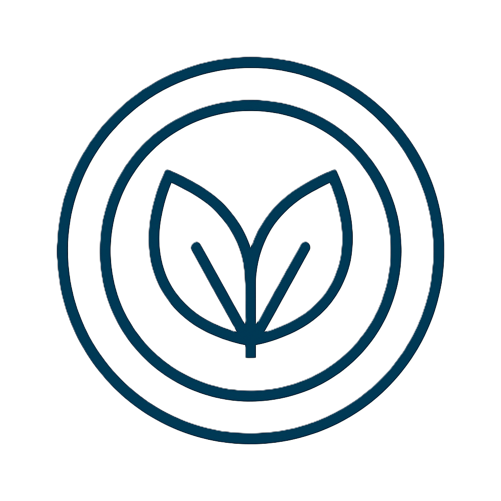 Icon mit zwei stilisierten Blättern in konzentrischen Kreisen – Symbol für natürliche, ganzheitliche Ernährung.